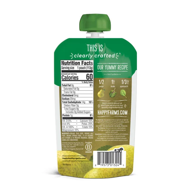 [2 Pack] Happy Baby Happy Family Happy Tot Clearly Crafted - Pears Kale & Spinach, 113g. Stage 2 (For 6m up) Exp: 03/24