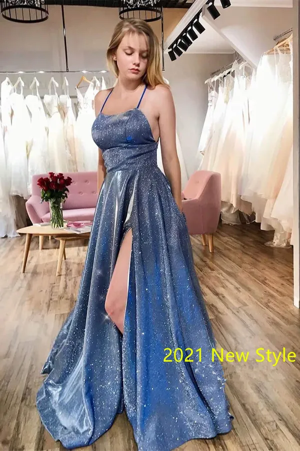 Anneprom Sparkly Spaghetti Straps Prom Dresses, Graduation Dress With Split APP0403