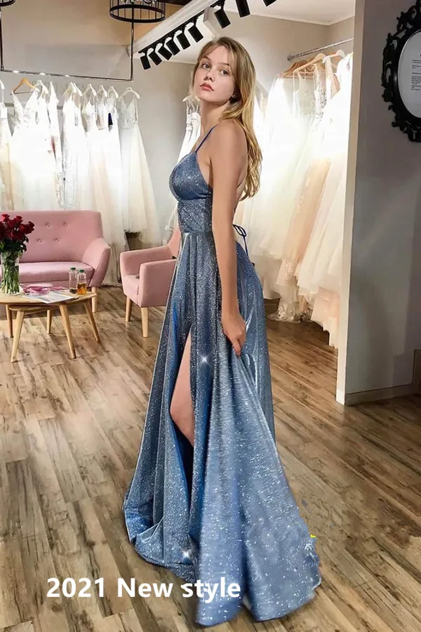 Anneprom Sparkly Spaghetti Straps Prom Dresses, Graduation Dress With Split APP0403