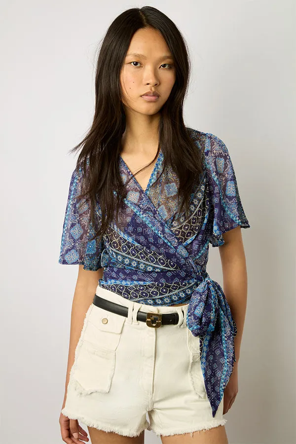 ARITIA ETHNIC PRINT STUDDED WRAP BLOUSE
