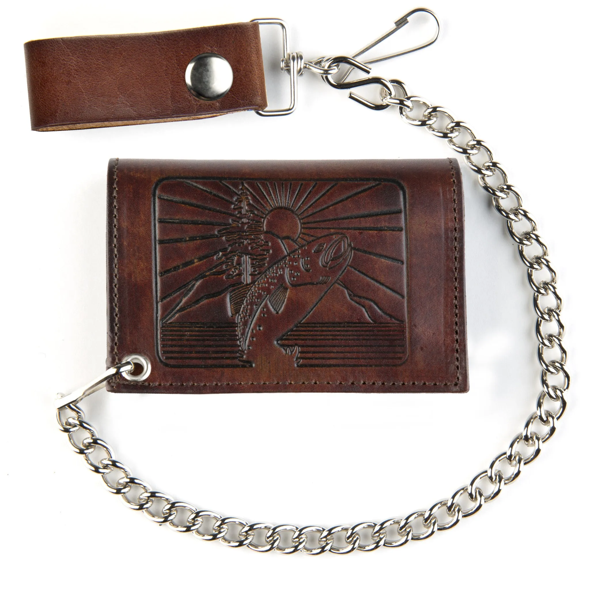 AT322-197  Antique Finish Tri-Fold Wallet w/ Chain- Fish