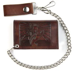 AT322-197  Antique Finish Tri-Fold Wallet w/ Chain- Fish