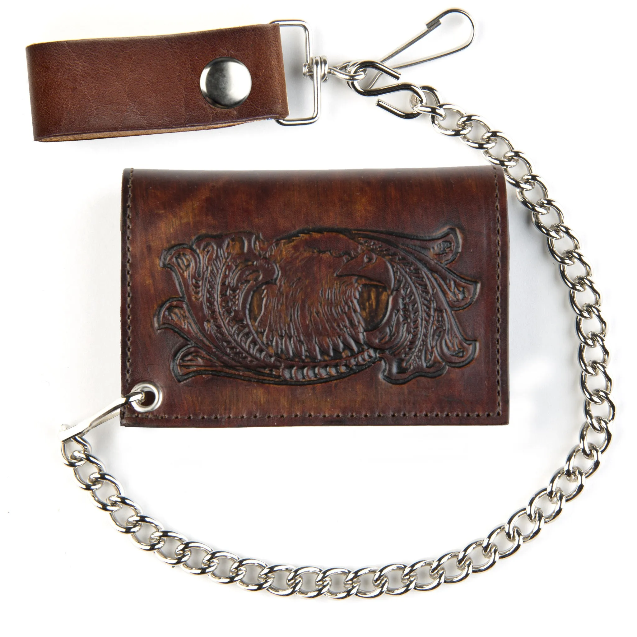 AT322-32  Antique Finish Tri-Fold Wallet w/ Chain- Eagle Head w/ Scroll