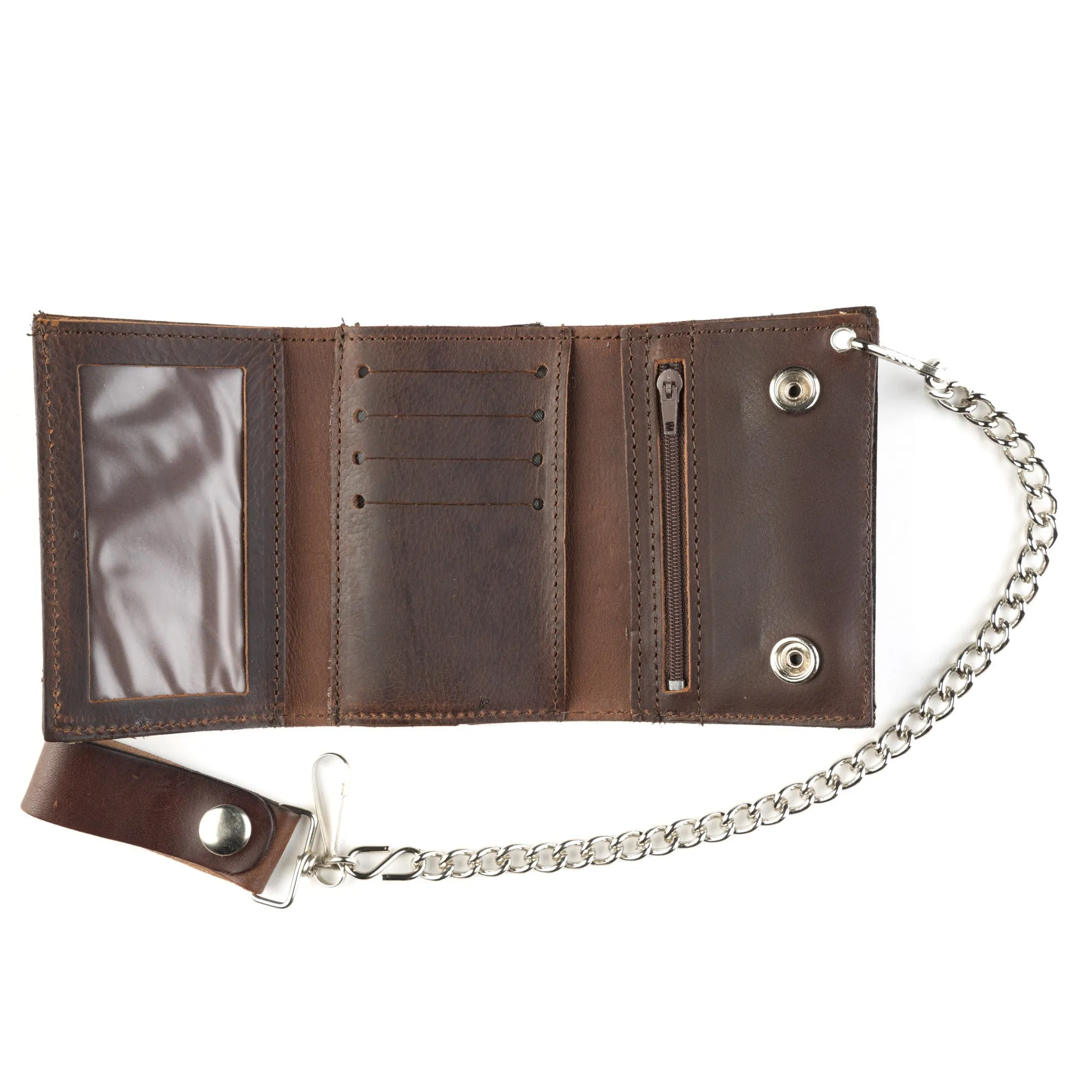 AT322-32  Antique Finish Tri-Fold Wallet w/ Chain- Eagle Head w/ Scroll
