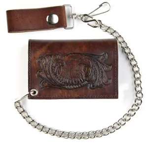 AT322-32  Antique Finish Tri-Fold Wallet w/ Chain- Eagle Head w/ Scroll
