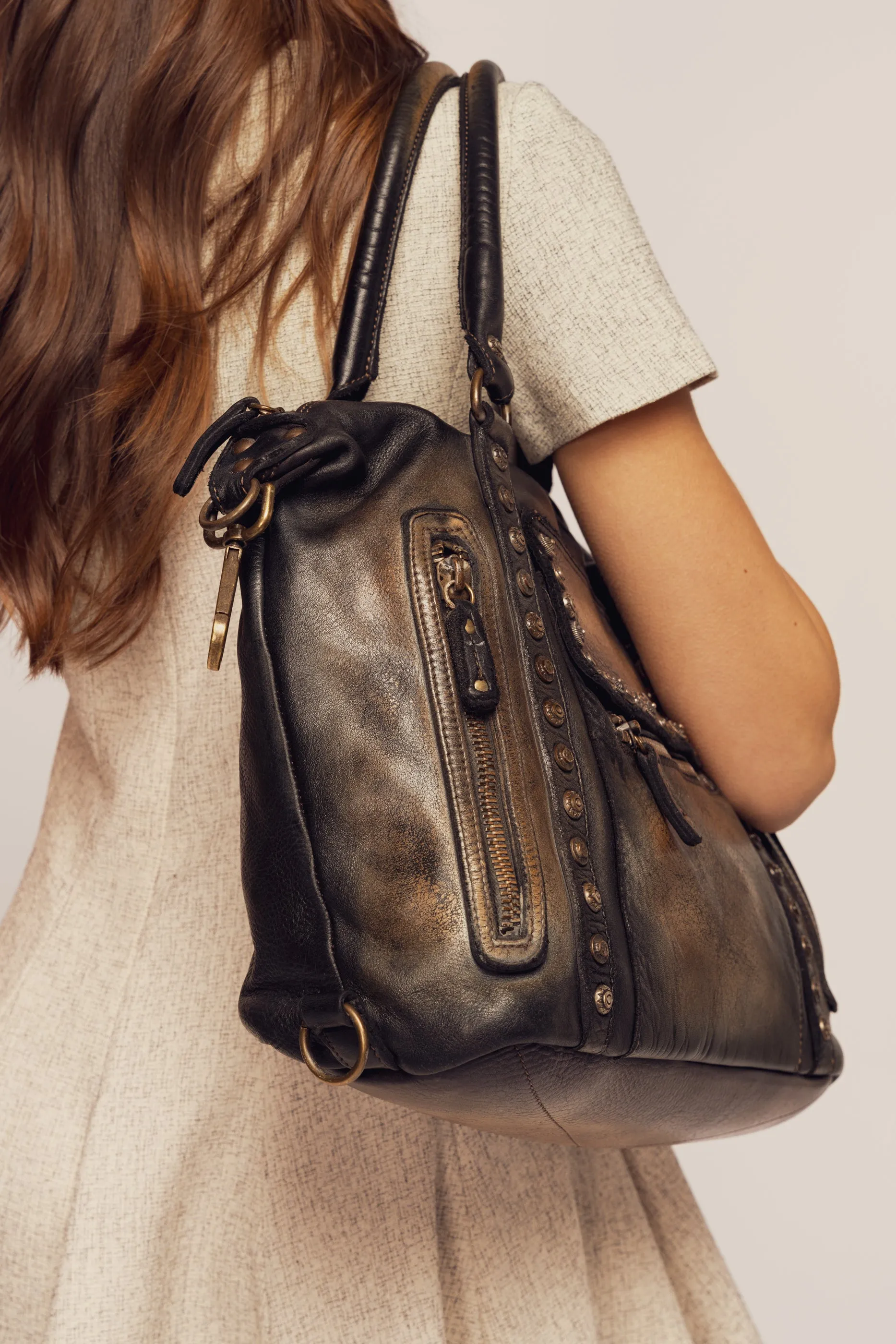 Bayside84 Motorcycle Studded Bag - Black Vintage