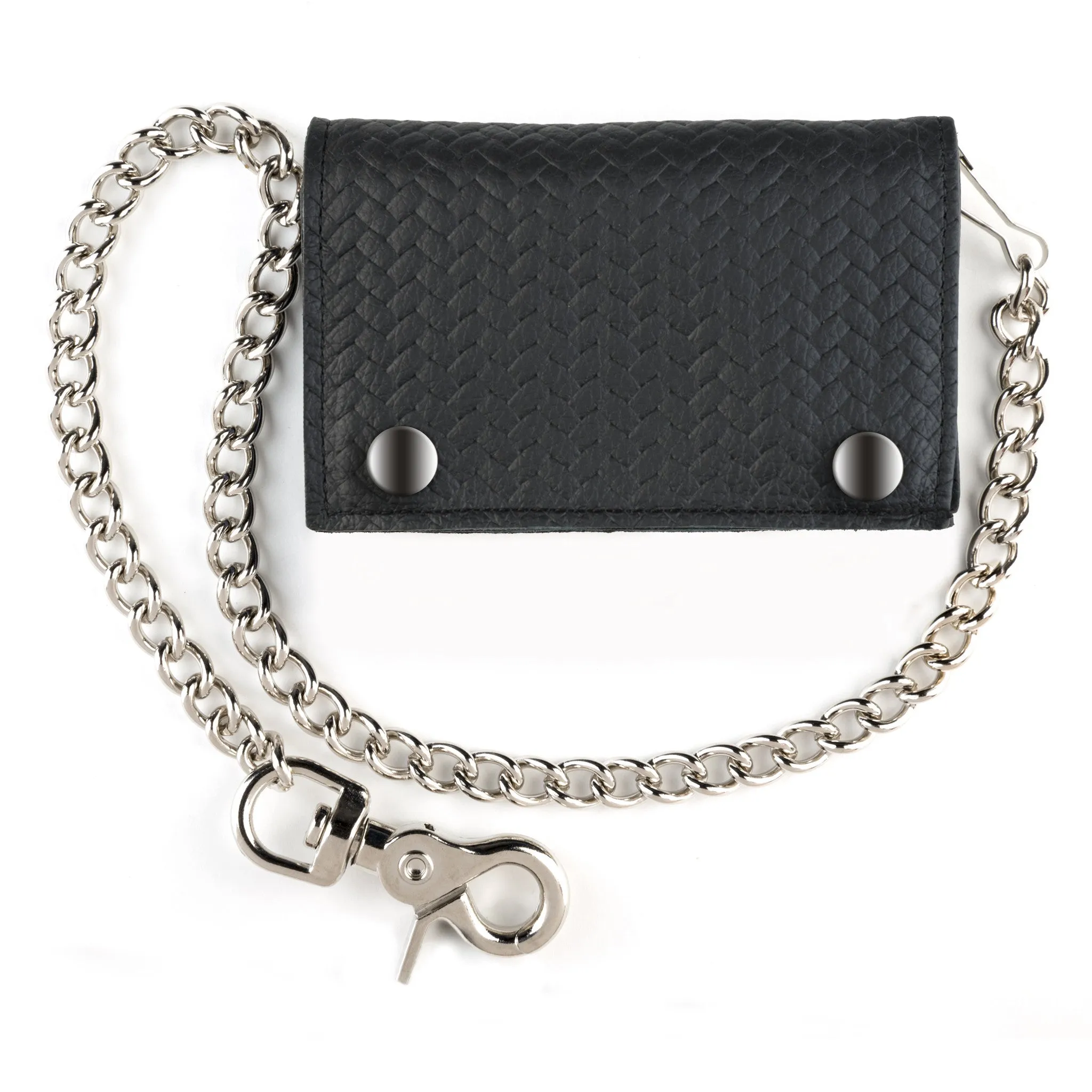BK337  Basket Weave XL Tri-Fold Wallet w/ Chain- Black