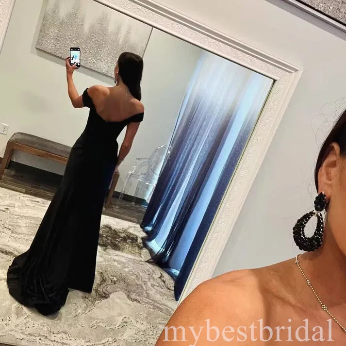 Black Off Shoulder Sleeveless Side Slit Mermaid Floor Length Prom Dress,PDS11636
