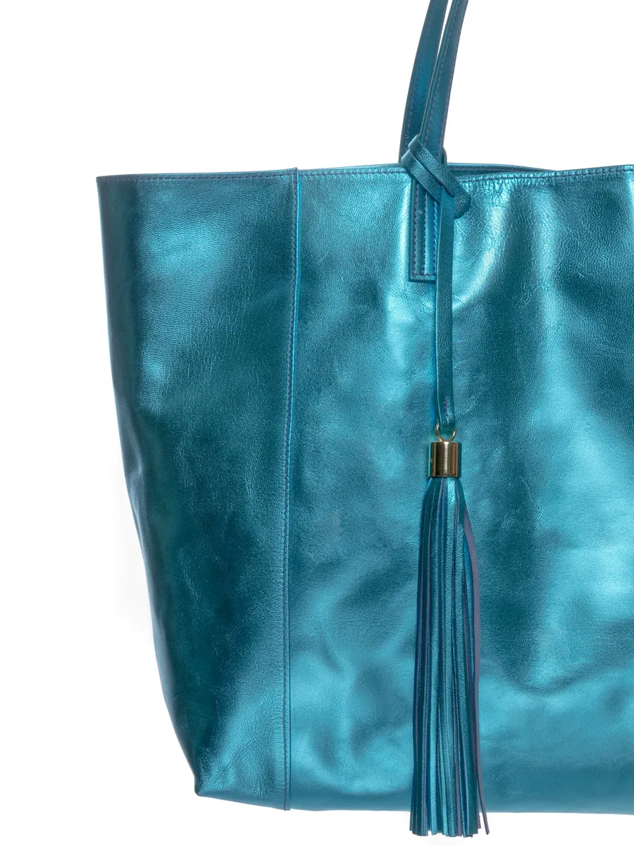 Blue Metallic 100% Leather Shoulder Bag