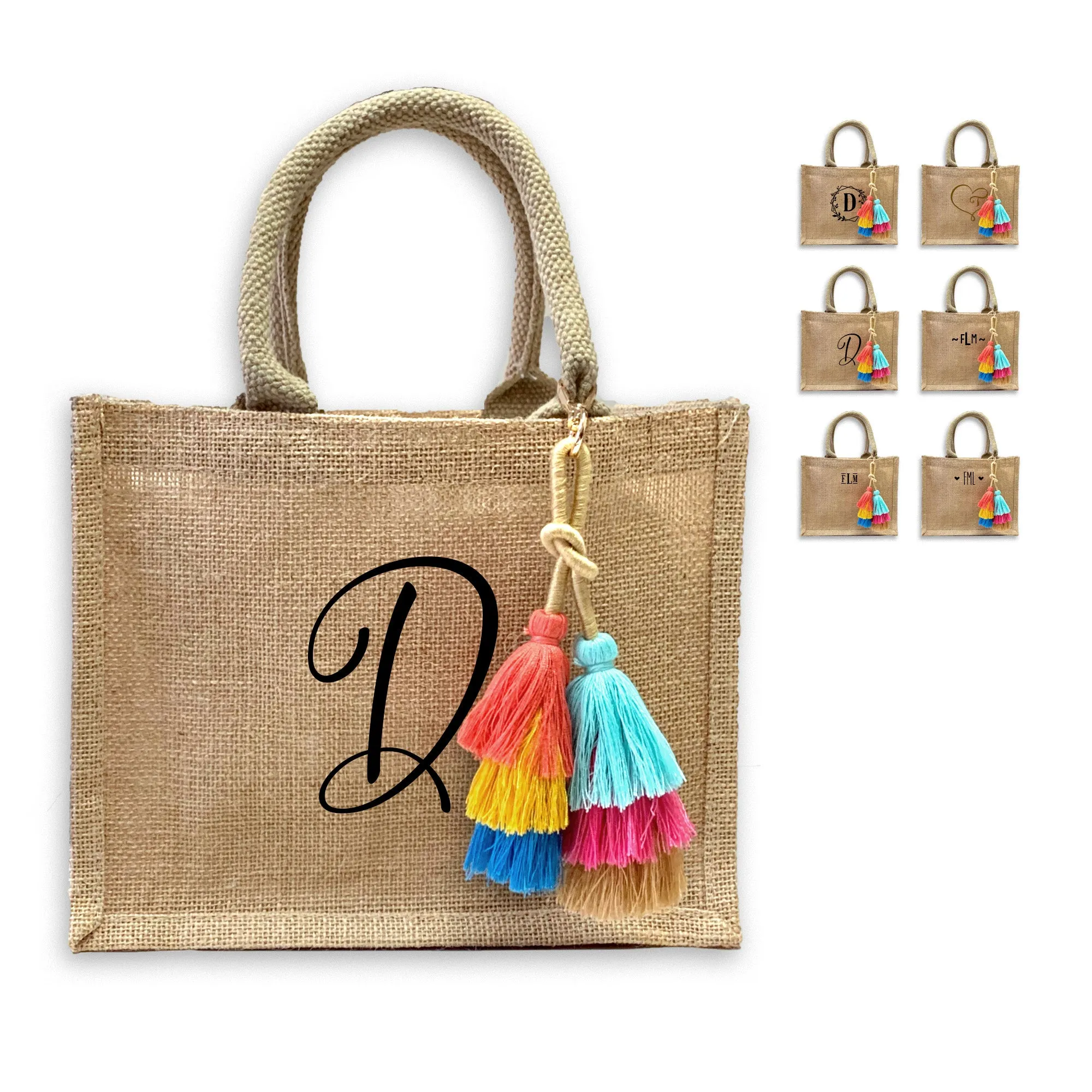 Boho Monogrammed Burlap Tote Bag