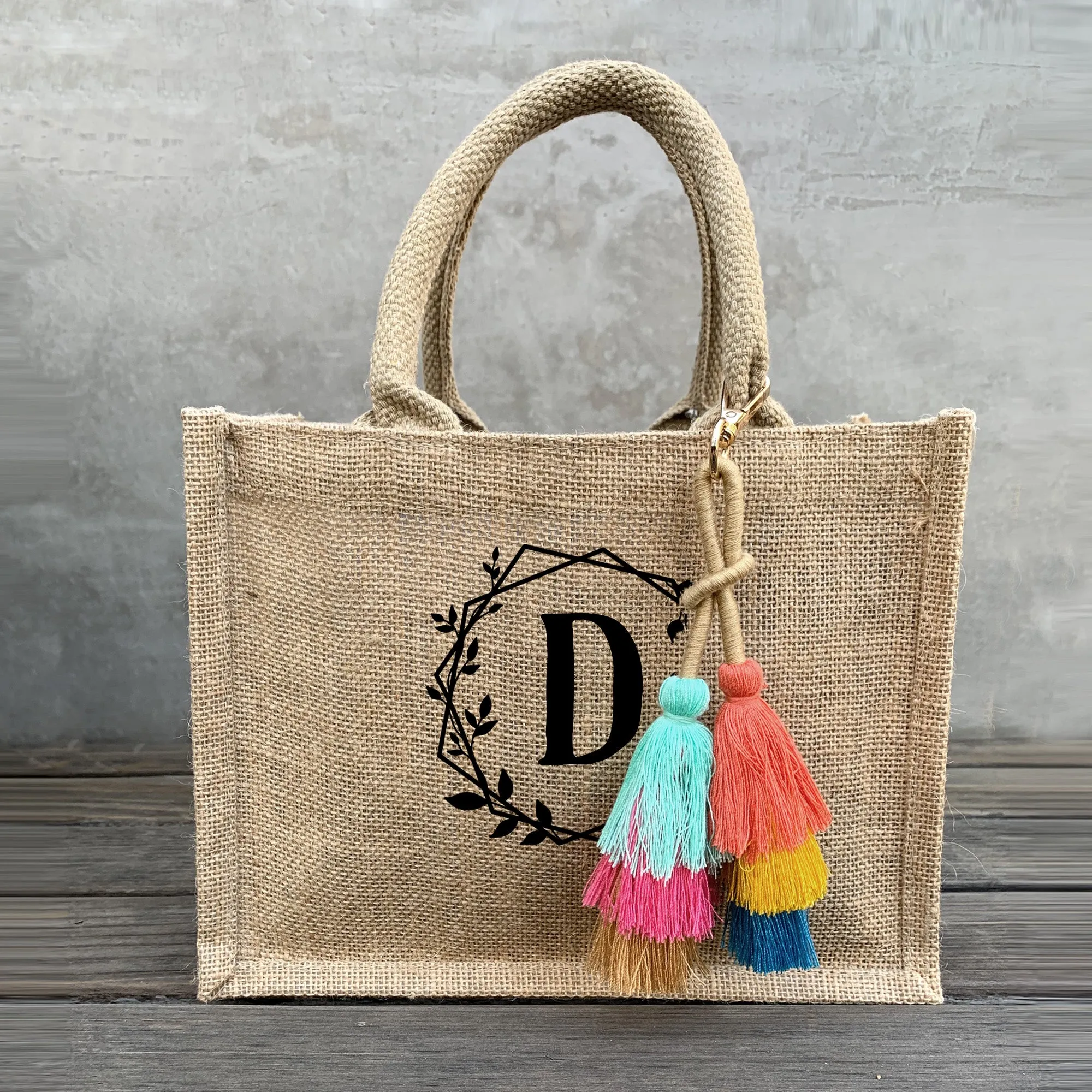 Boho Monogrammed Burlap Tote Bag