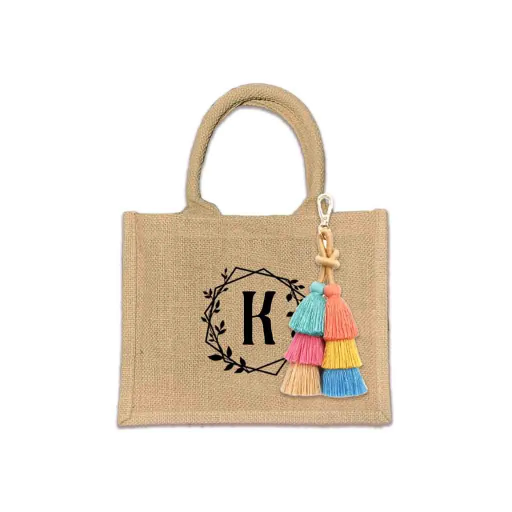 Boho Monogrammed Burlap Tote Bag