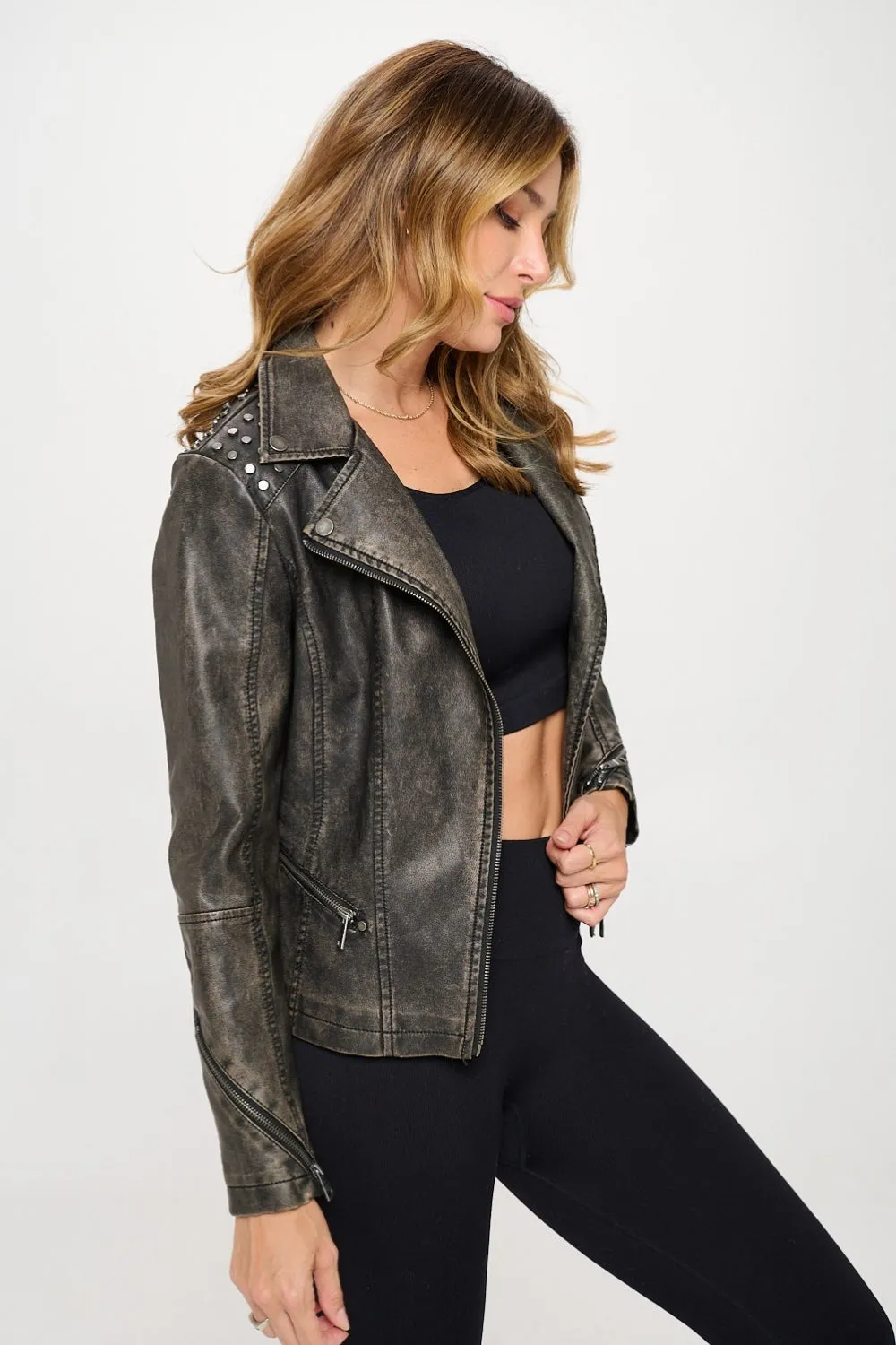Brown Studded Classic Moto Faux Leather Jacket