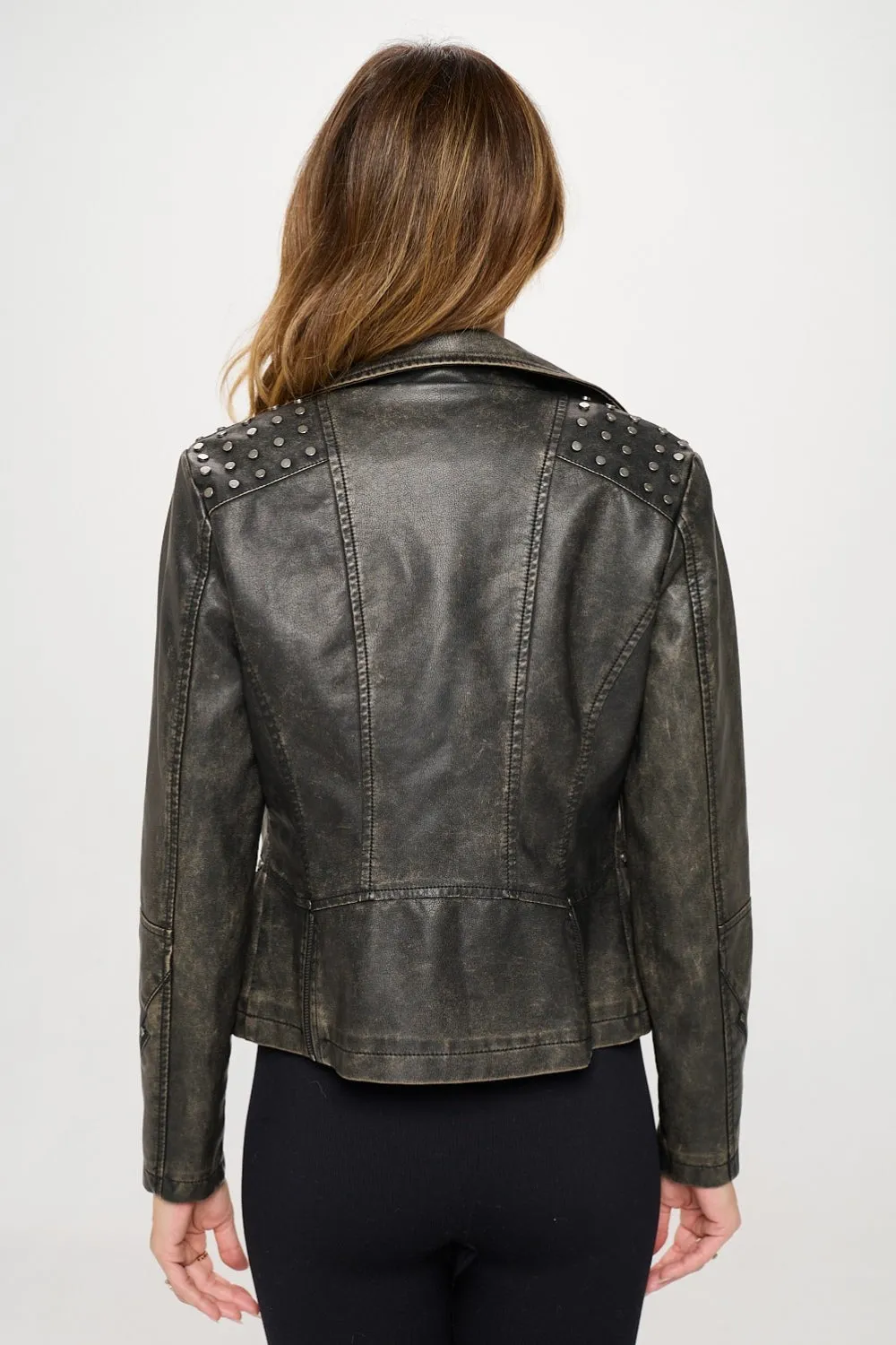 Brown Studded Classic Moto Faux Leather Jacket