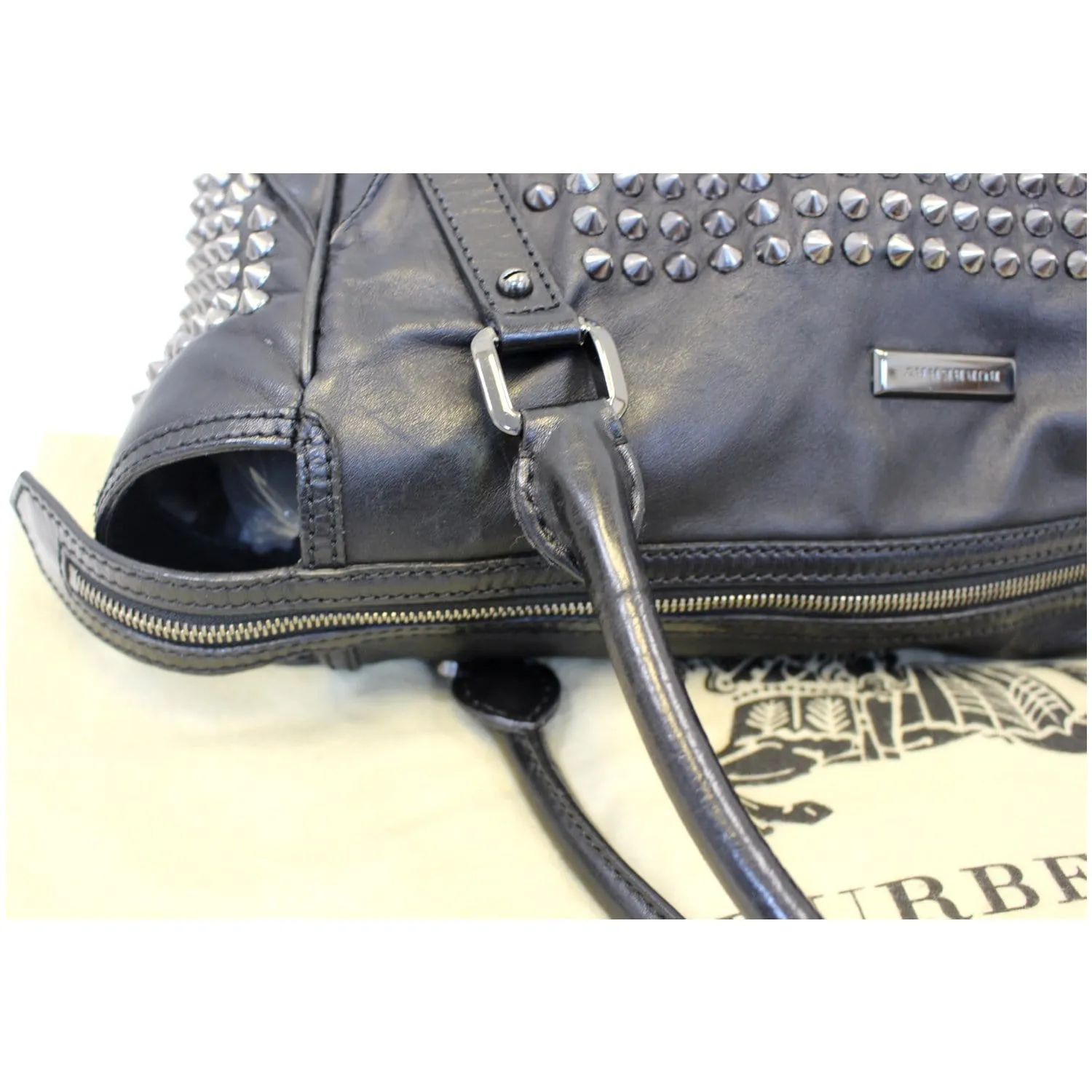BURBERRY Studded Leather Satchel Shoulder Bag Black