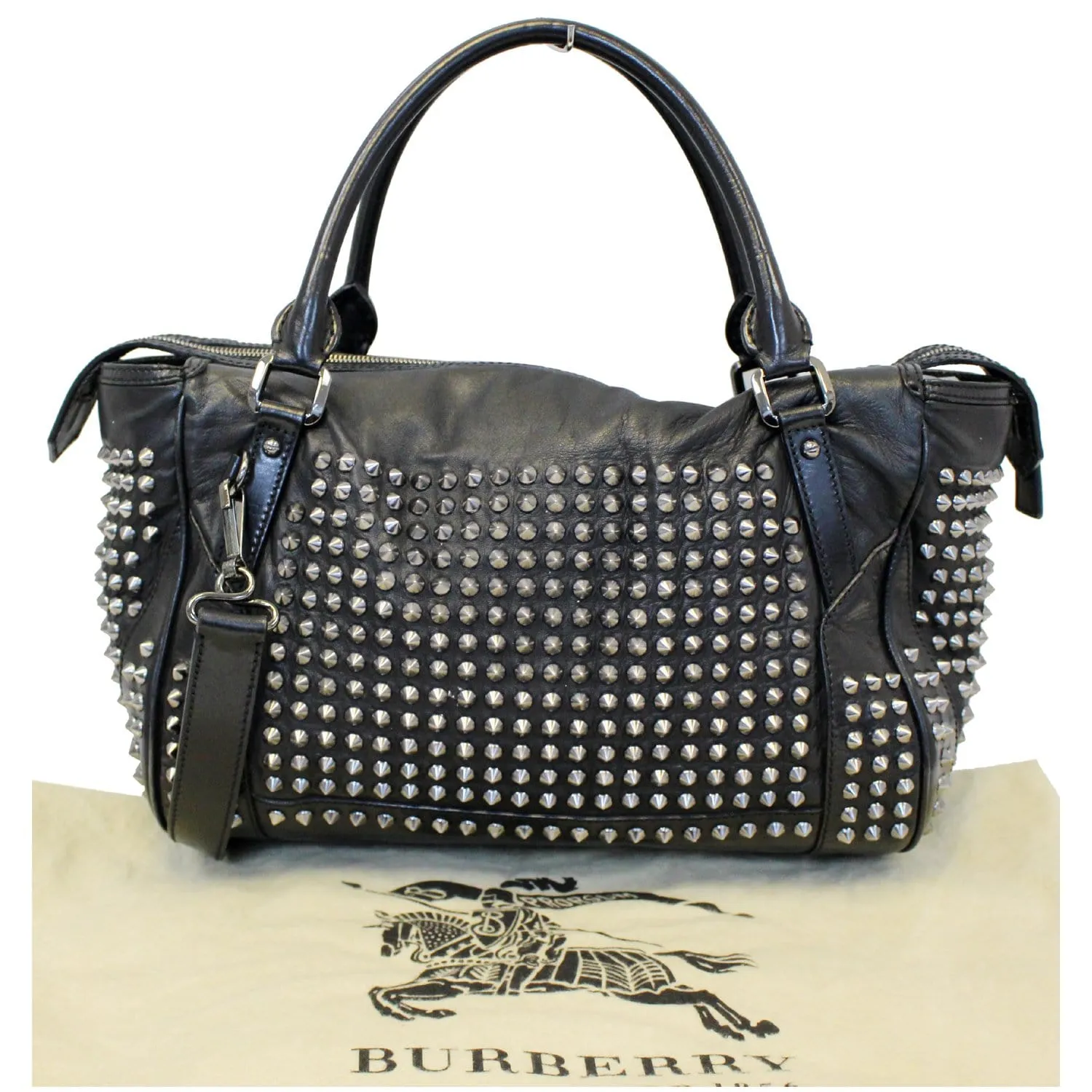 BURBERRY Studded Leather Satchel Shoulder Bag Black