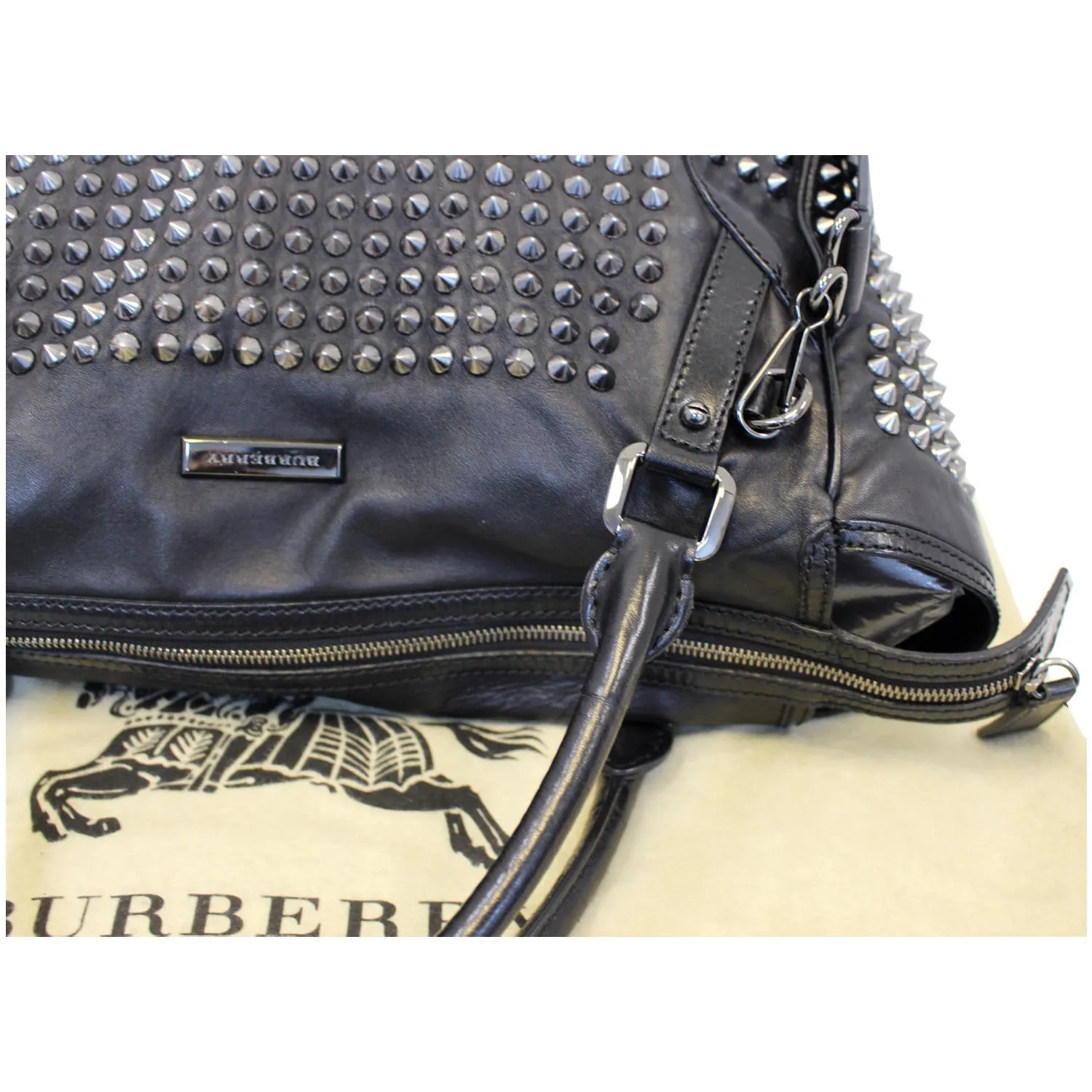 BURBERRY Studded Leather Satchel Shoulder Bag Black