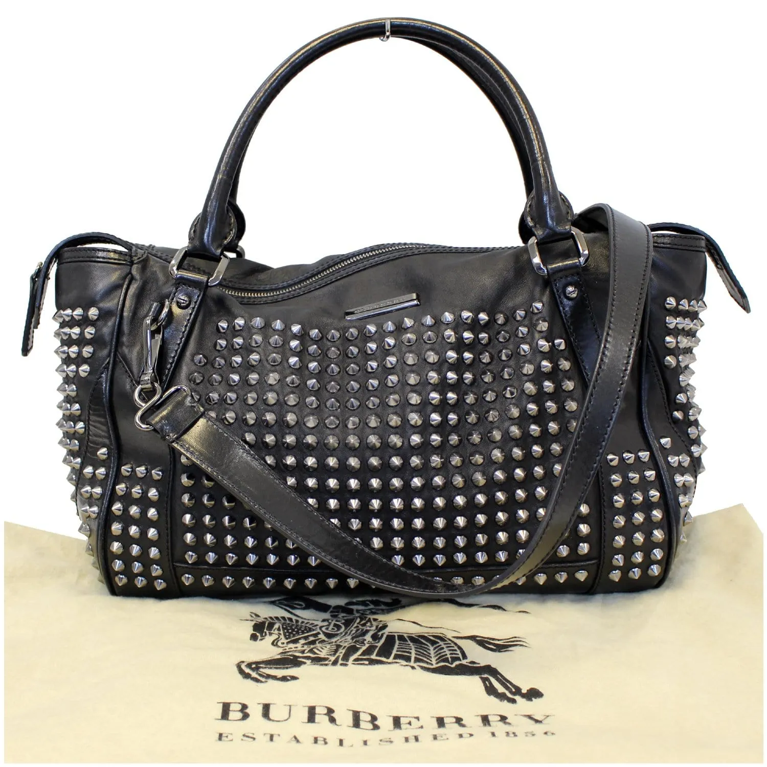 BURBERRY Studded Leather Satchel Shoulder Bag Black