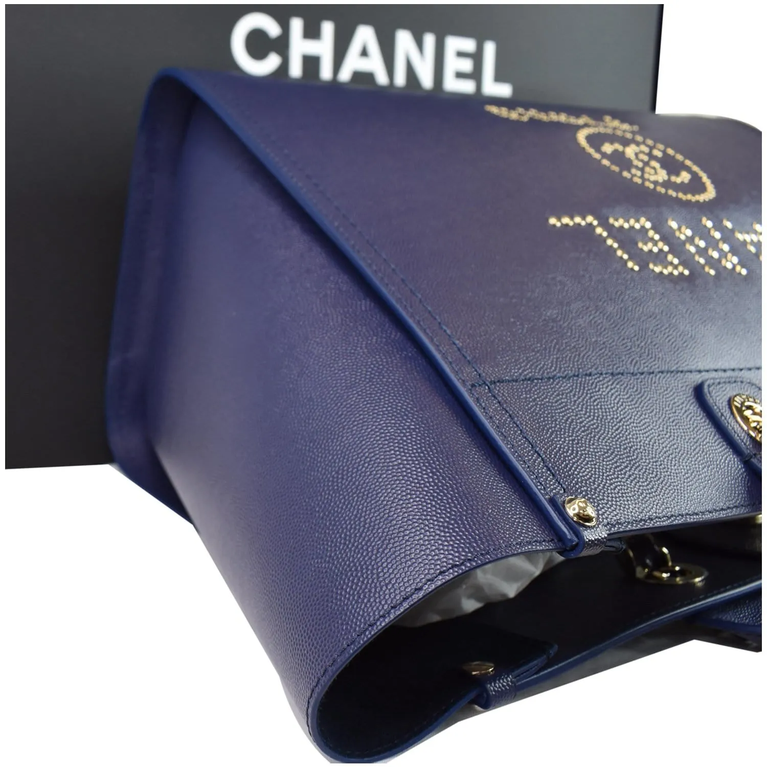 CHANEL Deauville Studded Caviar Tote Shoulder Bag Blue
