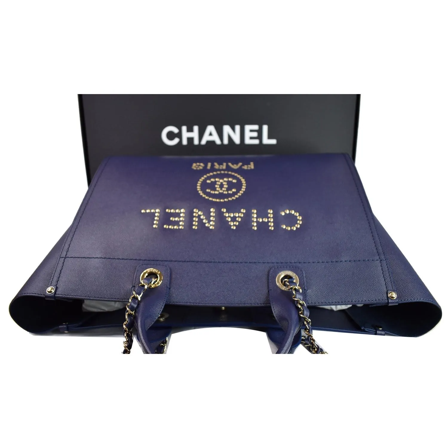 CHANEL Deauville Studded Caviar Tote Shoulder Bag Blue