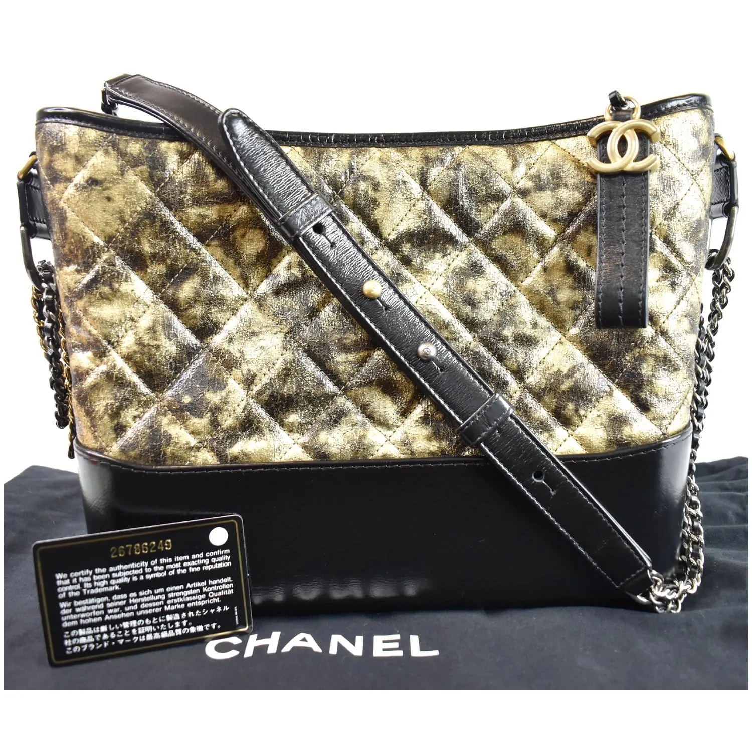 CHANEL Gabrielle Metallic Crumpled Leather Hobo Shoulder Bag Black/Gold