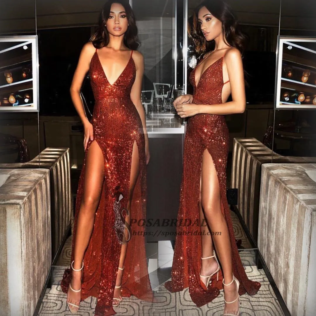 Cheap Sexy Dark Red Sequin Open Back Sparkly Split Mermaid Prom Dresses, PD0713