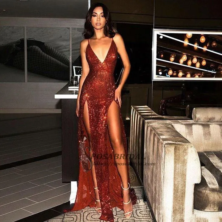 Cheap Sexy Dark Red Sequin Open Back Sparkly Split Mermaid Prom Dresses, PD0713