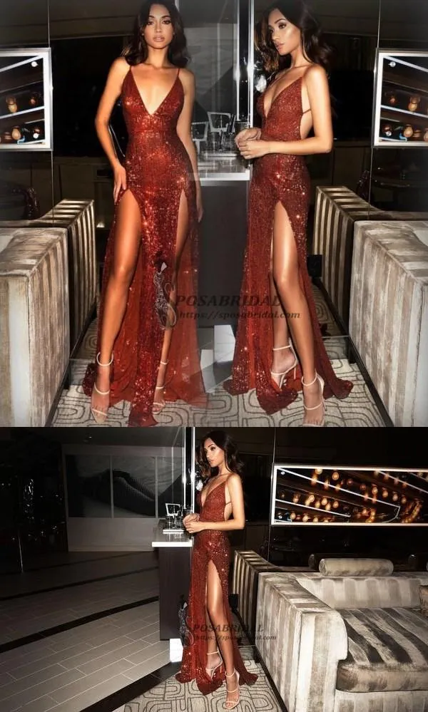 Cheap Sexy Dark Red Sequin Open Back Sparkly Split Mermaid Prom Dresses, PD0713