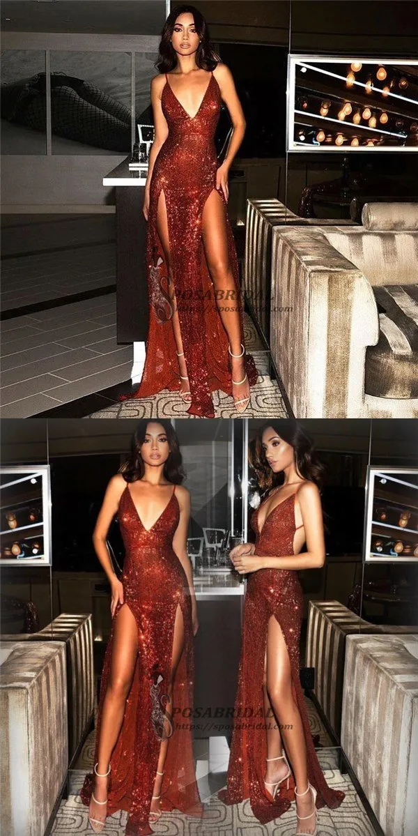 Cheap Sexy Dark Red Sequin Open Back Sparkly Split Mermaid Prom Dresses, PD0713