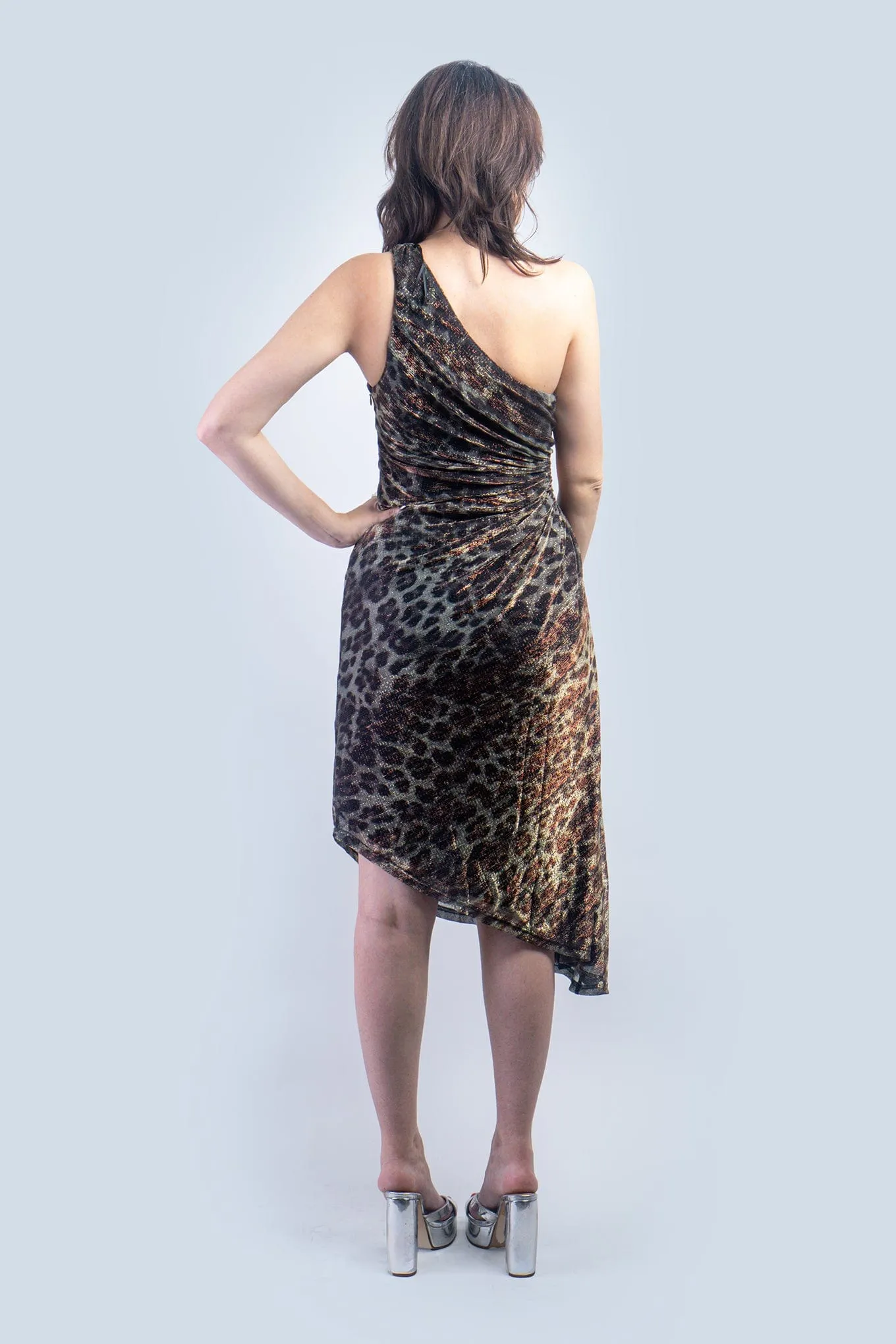 Cheetah Lurex One Shoulder Shirred Dress