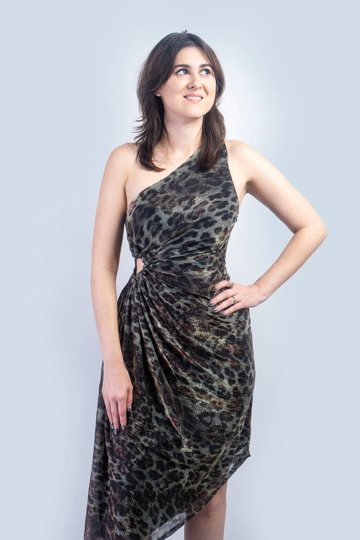 Cheetah Lurex One Shoulder Shirred Dress