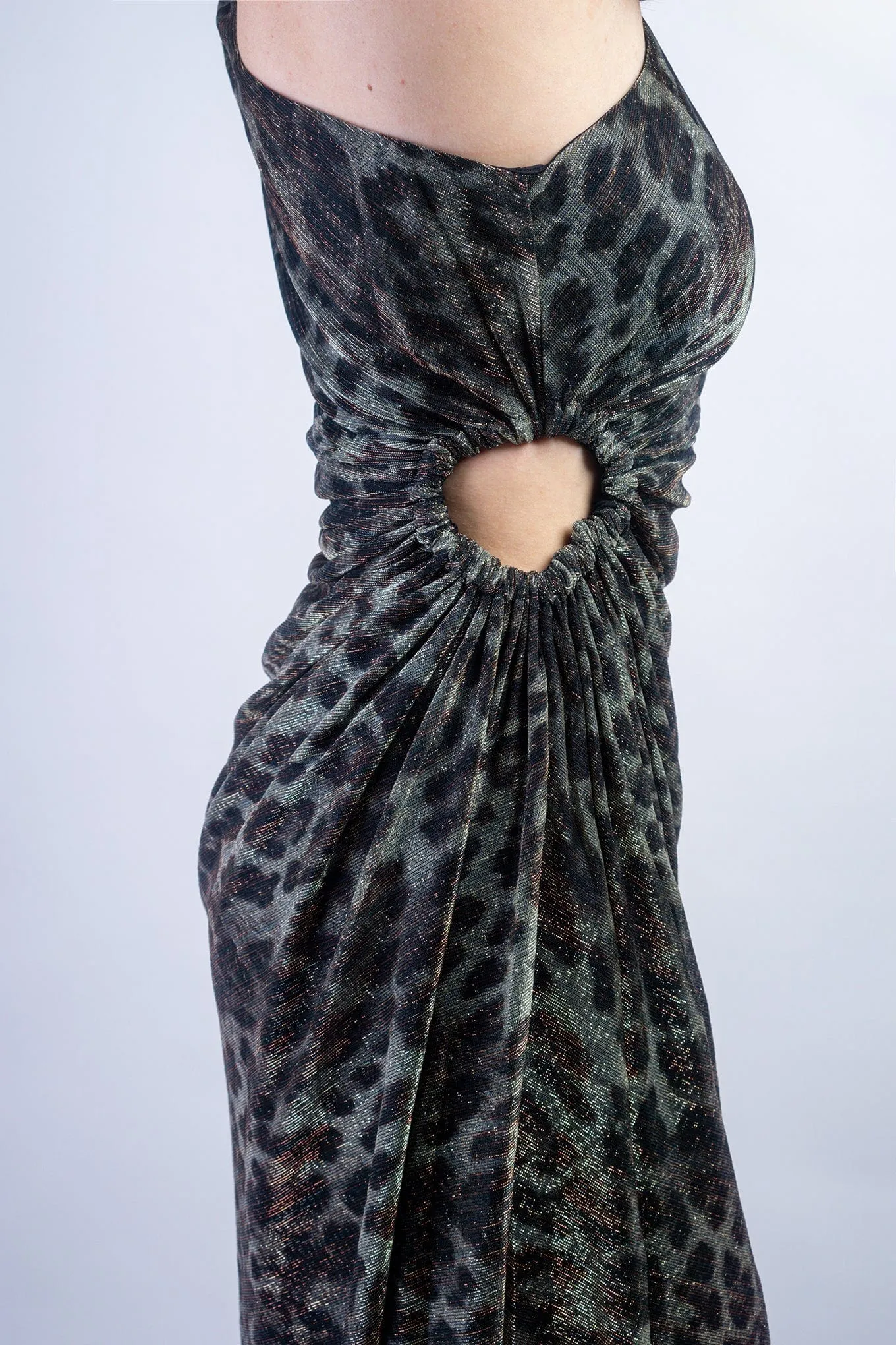 Cheetah Lurex One Shoulder Shirred Dress