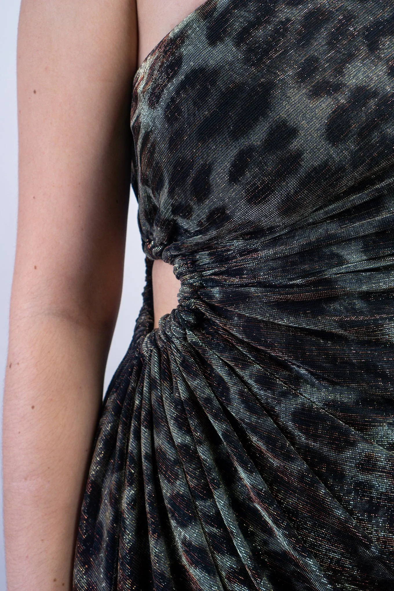 Cheetah Lurex One Shoulder Shirred Dress