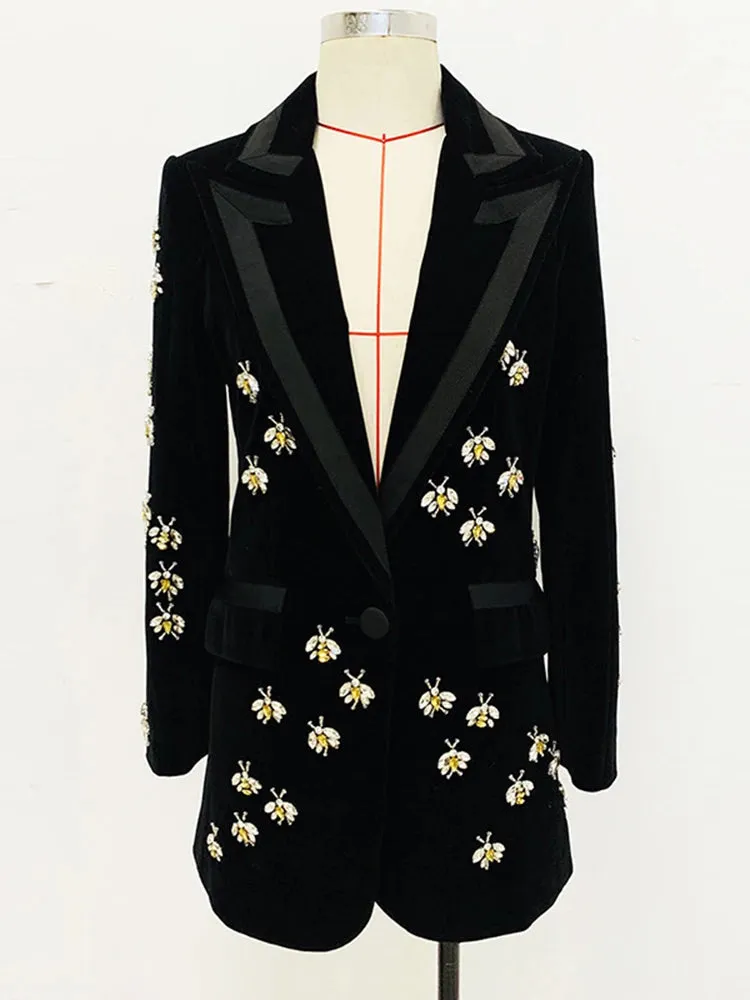 Diamond Studded Bead Design Velvet Blazer