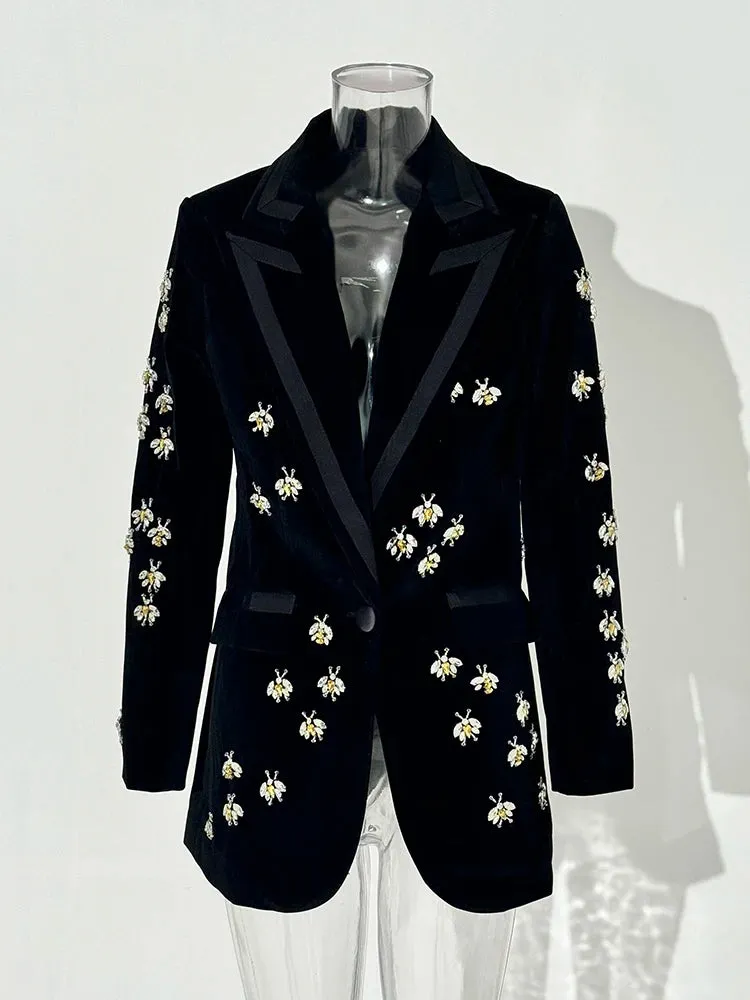 Diamond Studded Bead Design Velvet Blazer