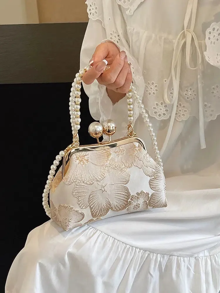 Elegant Pearl Handle Floral Handbag