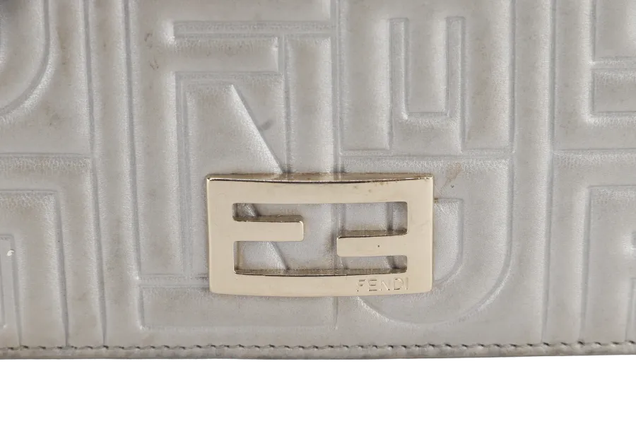 FENDI SILVER METALLIC NAPPA LOGO EMBOSSED W.O.C GOLD HARDWARE (AX41526) WITH CHAIN STRAPS NO DUST COVER