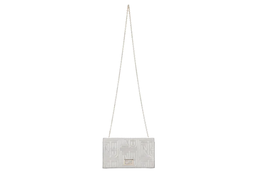 FENDI SILVER METALLIC NAPPA LOGO EMBOSSED W.O.C GOLD HARDWARE (AX41526) WITH CHAIN STRAPS NO DUST COVER