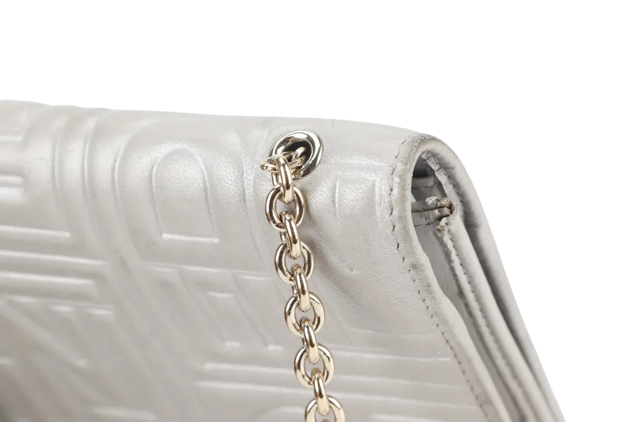 FENDI SILVER METALLIC NAPPA LOGO EMBOSSED W.O.C GOLD HARDWARE (AX41526) WITH CHAIN STRAPS NO DUST COVER