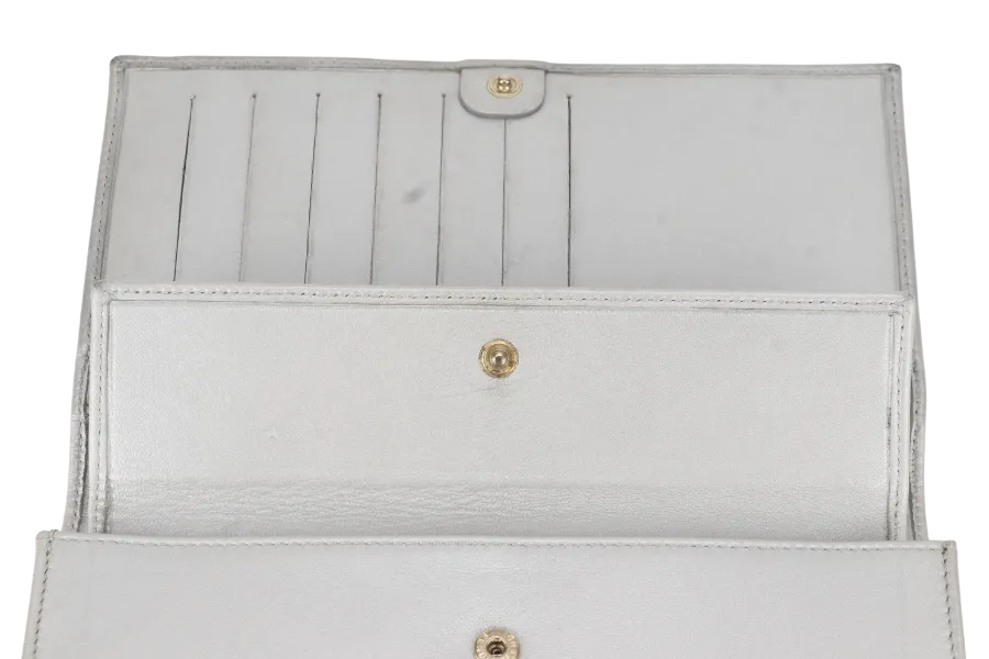 FENDI SILVER METALLIC NAPPA LOGO EMBOSSED W.O.C GOLD HARDWARE (AX41526) WITH CHAIN STRAPS NO DUST COVER