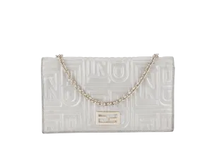 FENDI SILVER METALLIC NAPPA LOGO EMBOSSED W.O.C GOLD HARDWARE (AX41526) WITH CHAIN STRAPS NO DUST COVER