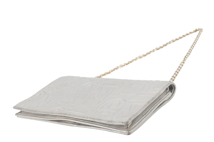 FENDI SILVER METALLIC NAPPA LOGO EMBOSSED W.O.C GOLD HARDWARE (AX41526) WITH CHAIN STRAPS NO DUST COVER