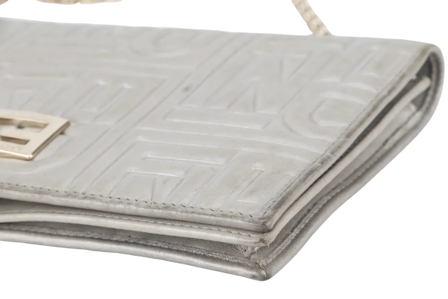 FENDI SILVER METALLIC NAPPA LOGO EMBOSSED W.O.C GOLD HARDWARE (AX41526) WITH CHAIN STRAPS NO DUST COVER