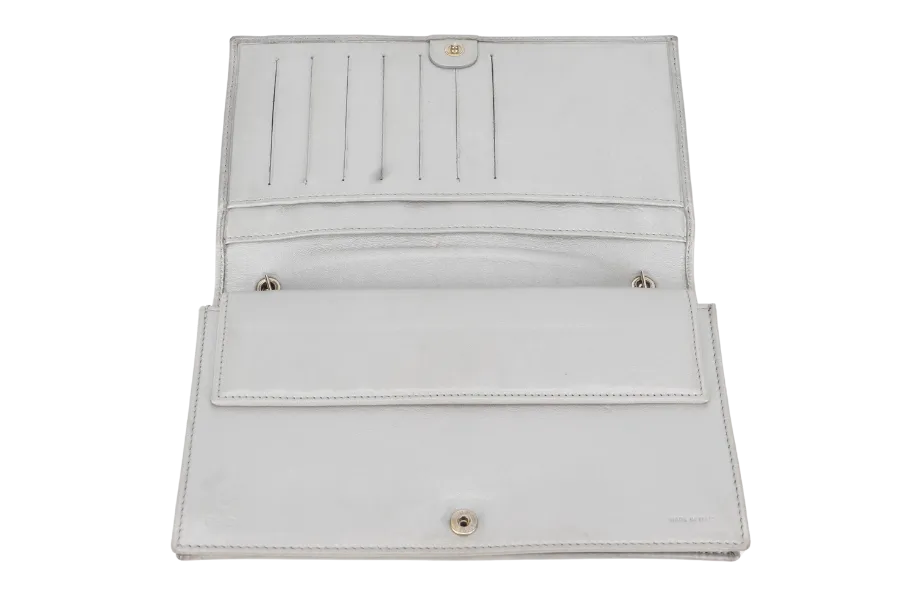 FENDI SILVER METALLIC NAPPA LOGO EMBOSSED W.O.C GOLD HARDWARE (AX41526) WITH CHAIN STRAPS NO DUST COVER