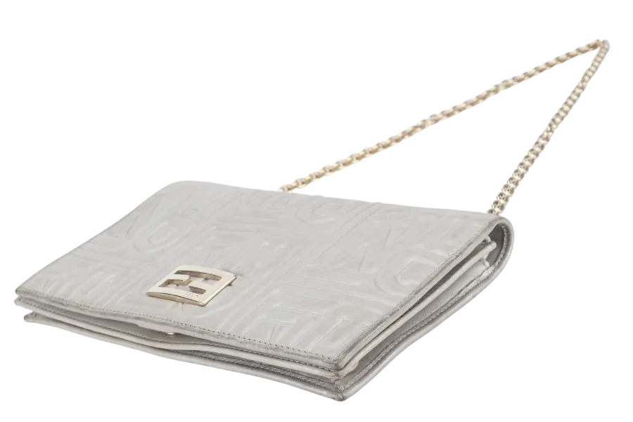 FENDI SILVER METALLIC NAPPA LOGO EMBOSSED W.O.C GOLD HARDWARE (AX41526) WITH CHAIN STRAPS NO DUST COVER