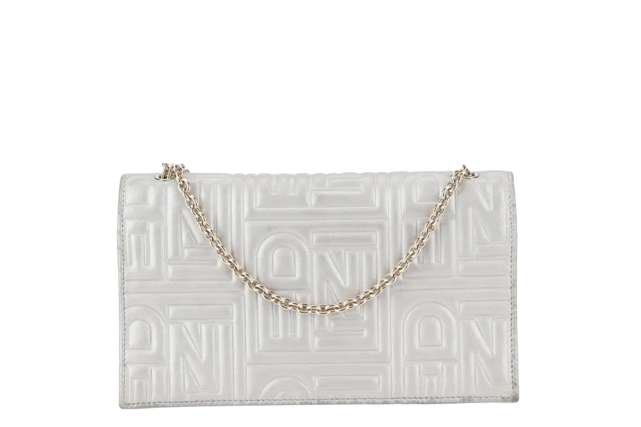 FENDI SILVER METALLIC NAPPA LOGO EMBOSSED W.O.C GOLD HARDWARE (AX41526) WITH CHAIN STRAPS NO DUST COVER