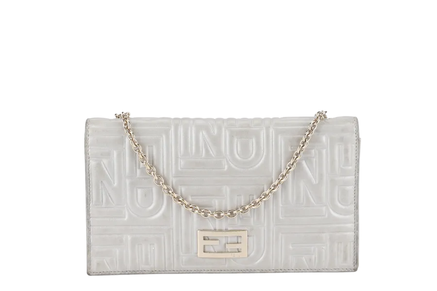 FENDI SILVER METALLIC NAPPA LOGO EMBOSSED W.O.C GOLD HARDWARE (AX41526) WITH CHAIN STRAPS NO DUST COVER