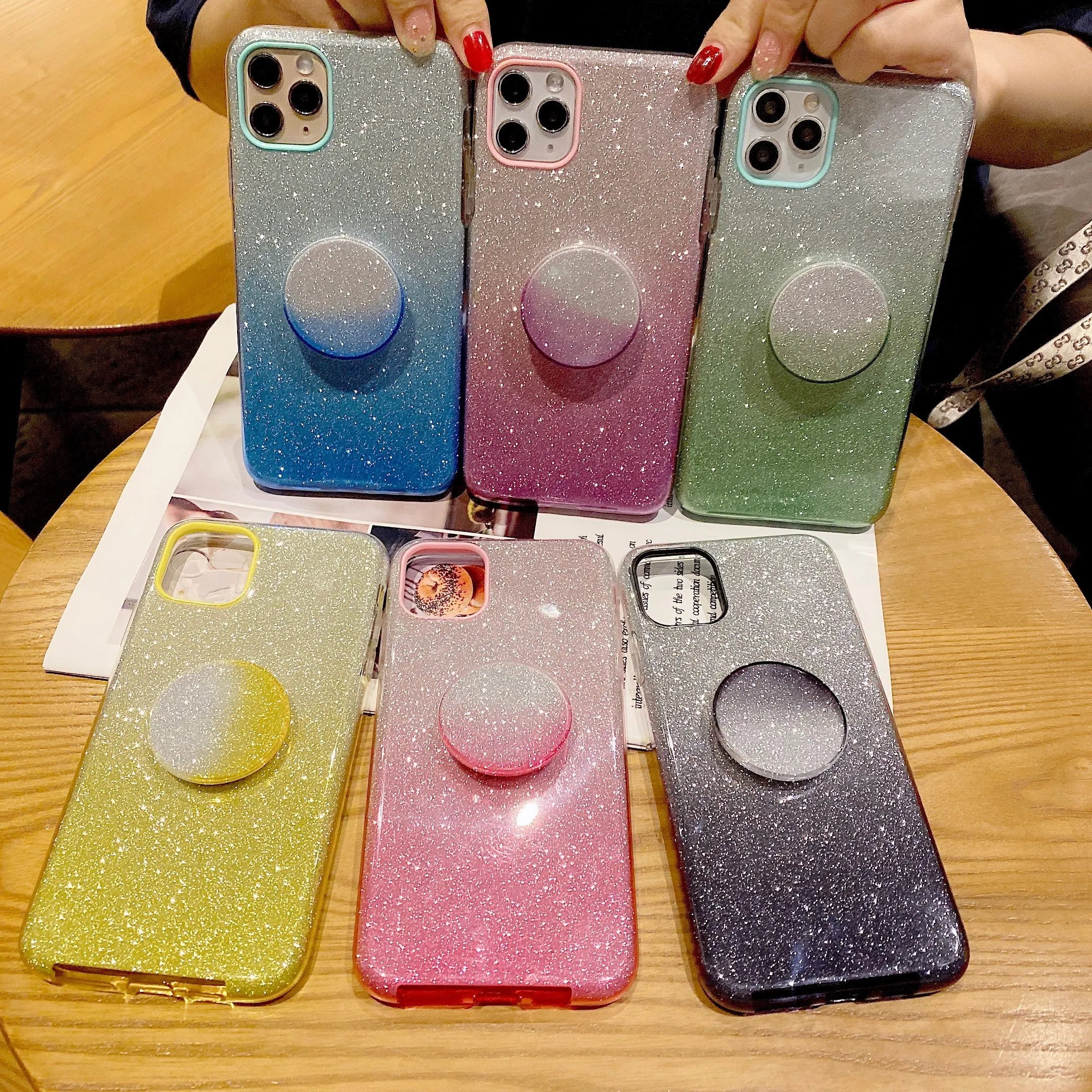 For OPPO Realme 5/Realme 5 Pro/A5 2020/A9 2020/A52/A92 Phone Case Gradient Color Glitter Powder Phone Cover with Airbag Bracket green