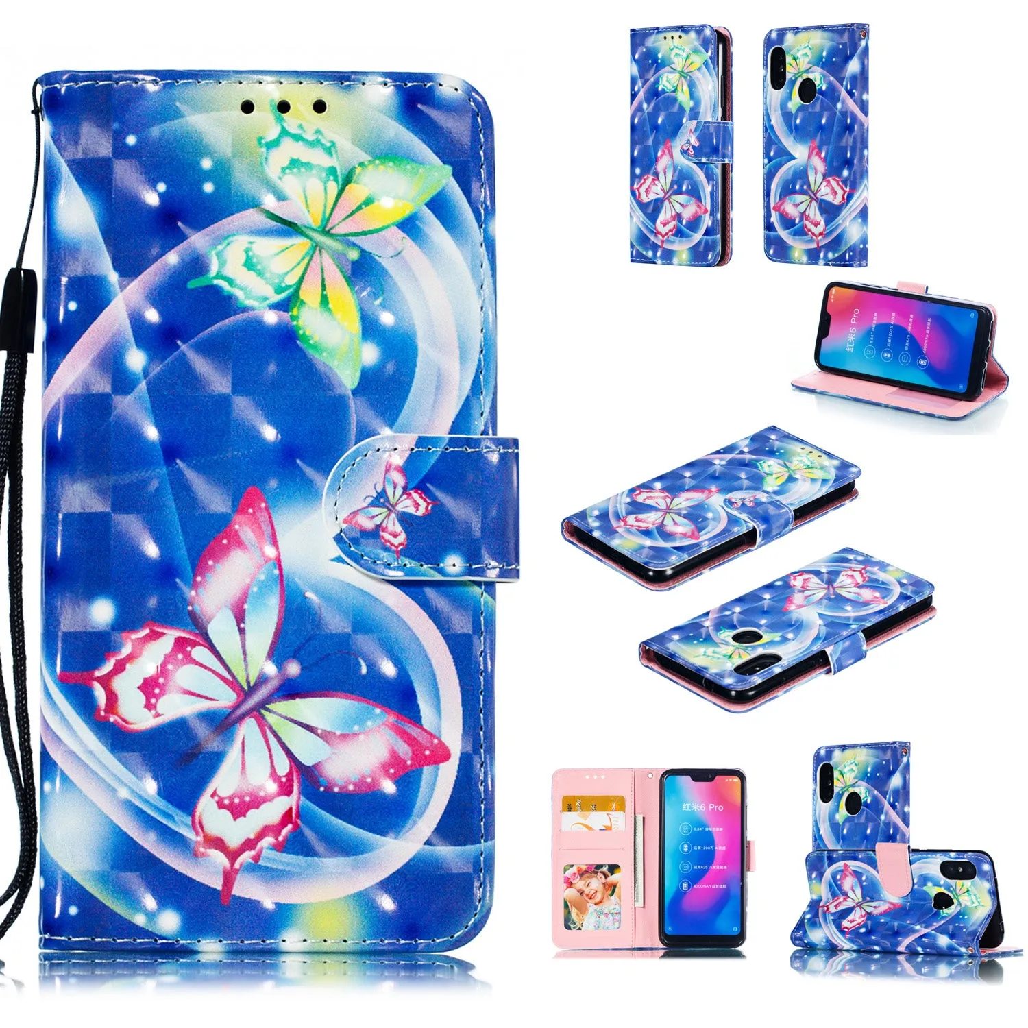 For Redmi 6 pro/XIAOMI A2 LITE 3D Coloured Painted Leather Protective Case with Bracket & Card Position & Lanyard Jingle cat