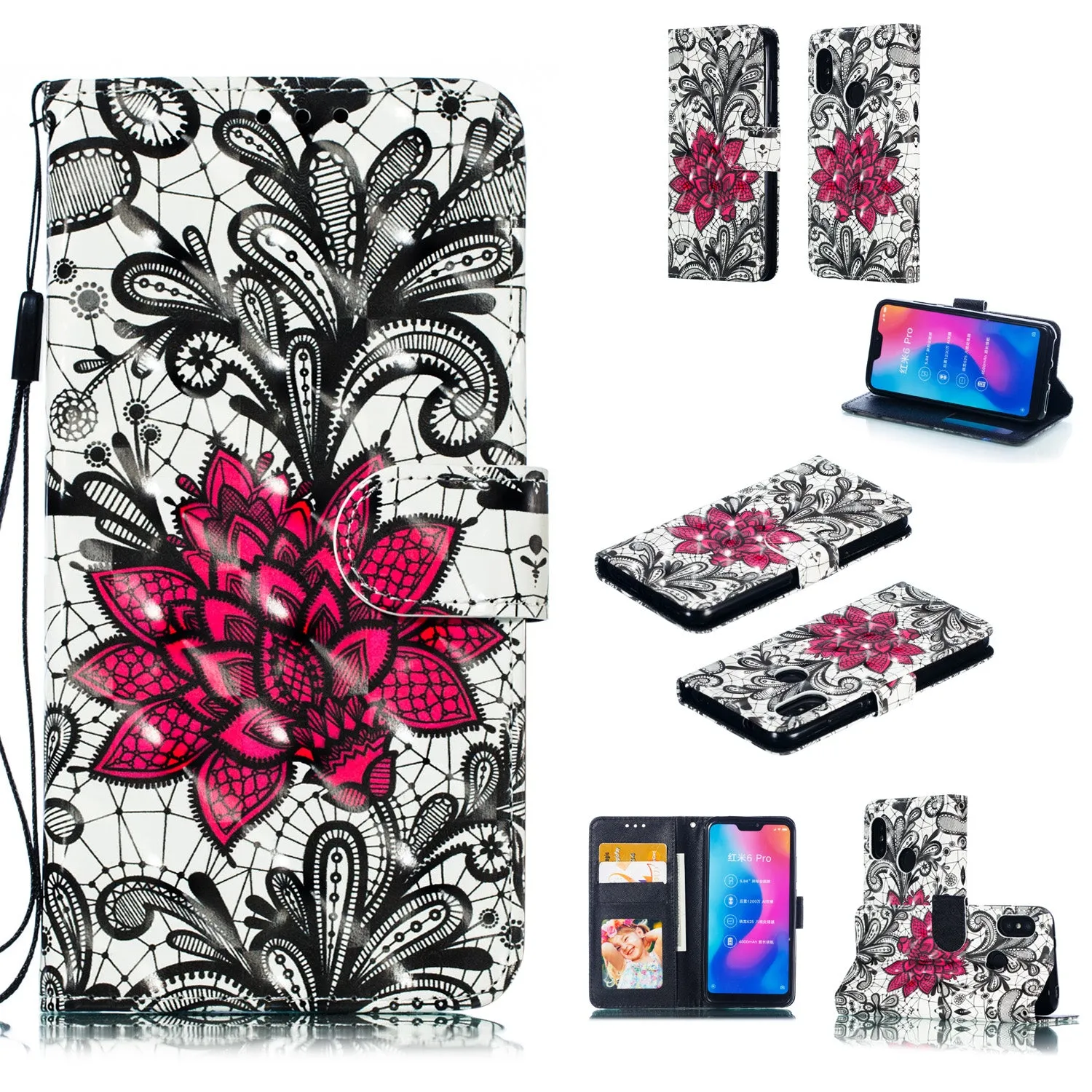 For Redmi 6 pro/XIAOMI A2 LITE 3D Coloured Painted Leather Protective Case with Bracket & Card Position & Lanyard Jingle cat